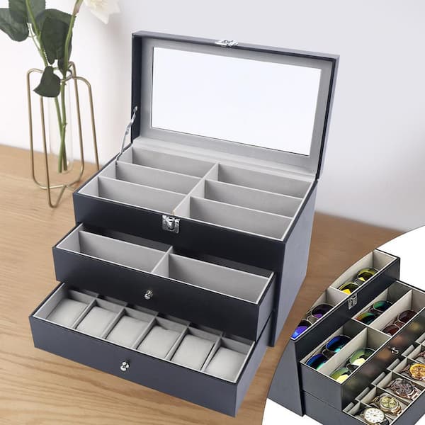 YIYIBYUS Black Leather 12-Watch and 12-Eyeglasses Organizer Display Box  With Metal Buckle OT-ZJGJ-4680 - The Home Depot