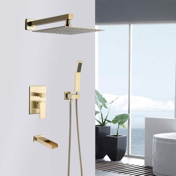 1-Spray Square Hand Shower with Tub and Shower Faucet Spout Combo Set in Brushed Gold (Valve Included)