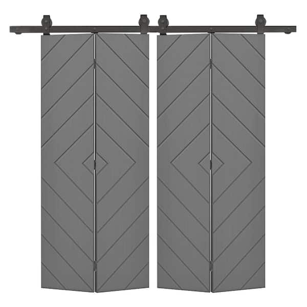 CALHOME Diamond 44 in. x 84 in. Light Gray Painted Composite Hollow Core Bi-Fold Double Barn Door with Sliding Hardware Kit