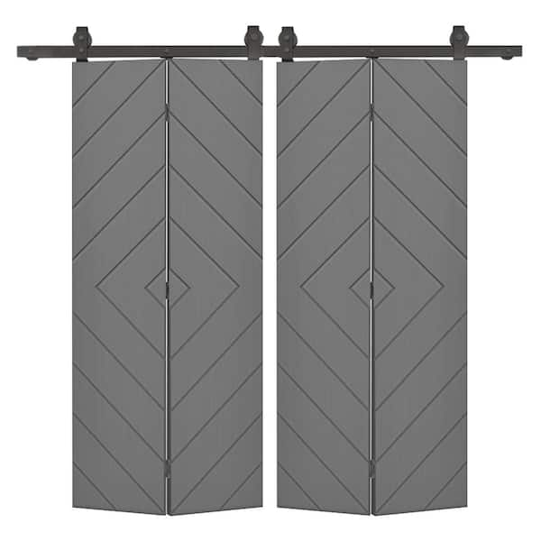 CALHOME Diamond 60 in. x 80 in. Light Gray Painted MDF Modern Bi-Fold Double Barn Door with Sliding Hardware Kit