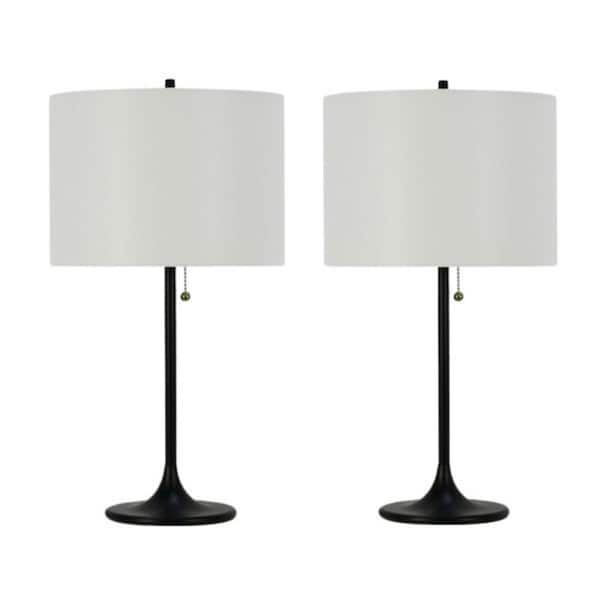 Fangio Lighting Pair of 26.5 in. Black Metal Column Table Lamps with Designer Shades