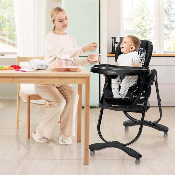 Black Highchair for Babies and Toddlers with Rolling Wheels Adjustable Height Footrest