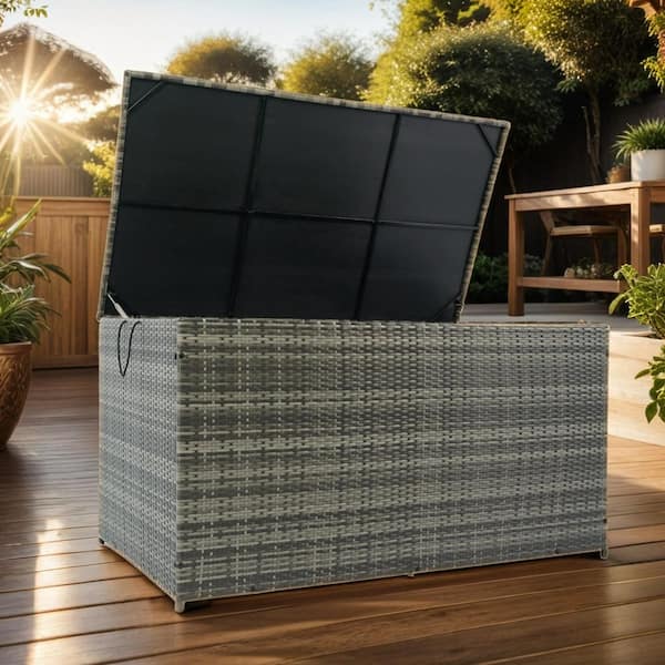 200 Gal. Gray Waterproof Rattan Outdoor Storage Bench with Lid