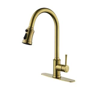 Single Handle Gooseneck Pull Down Sprayer Kitchen Faucet in Brushed Gold with Deckplate Included 3-Spray Modes