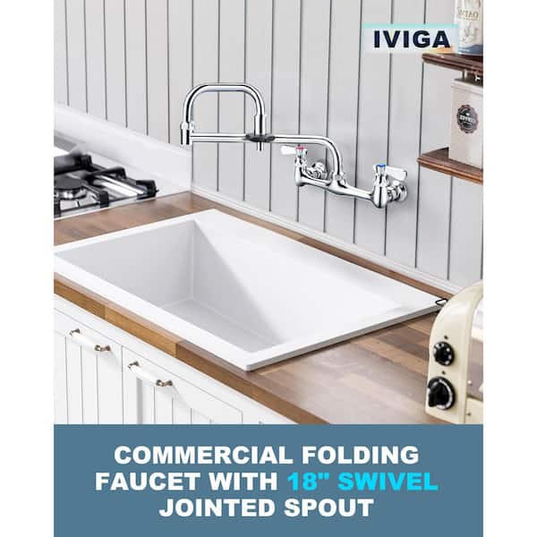 Commercial 8" Center Double Handle Wall Mount Kitchen Pot Filler Folding Faucet with 18" Swivel Jointed Spout in Chrome