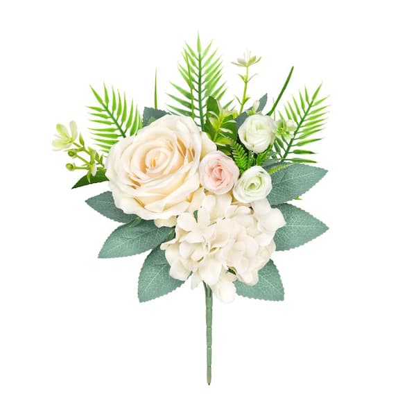 LIVING LUXURY 11 in. Ivory Cream Artificial Delicate Mixed Rose Hydrangea Flower Stem Bush Bouquet (Set of 4)