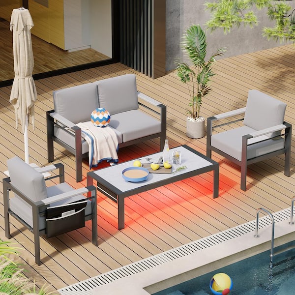 Bestier 4-Piece Aluminum Patio Conversation Set with Light Gray Cushions and LED Coffee Table