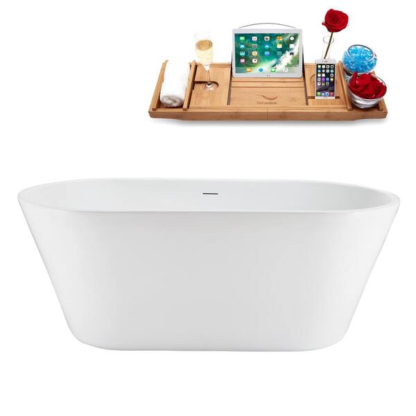 Streamline 59 in. x 30 in. Acrylic Freestanding Soaking Bathtub in Glossy White With Brushed Gold Drain