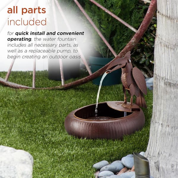Alpine Corporation - 16 in. Tall Indoor/Outdoor Rustic Metal Toucan Water Fountain Yard Statue Decoration, Brown