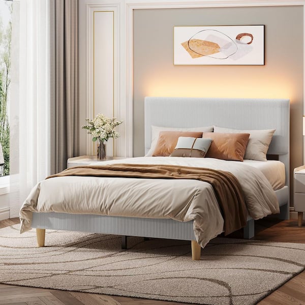 Light Gray Wood Frame Full Platform Bed Upholestered Headboard with LED Lights