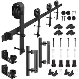 96 in. Frosted Black J Shape Sliding Barn Door Track and Hardware Kit and Handle Set