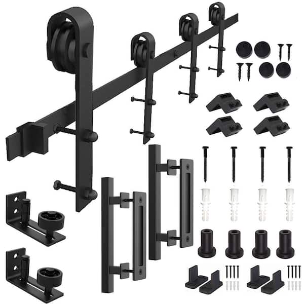WINSOON 96 in. Frosted Black J Shape Sliding Barn Door Track and Hardware Kit and Handle Set