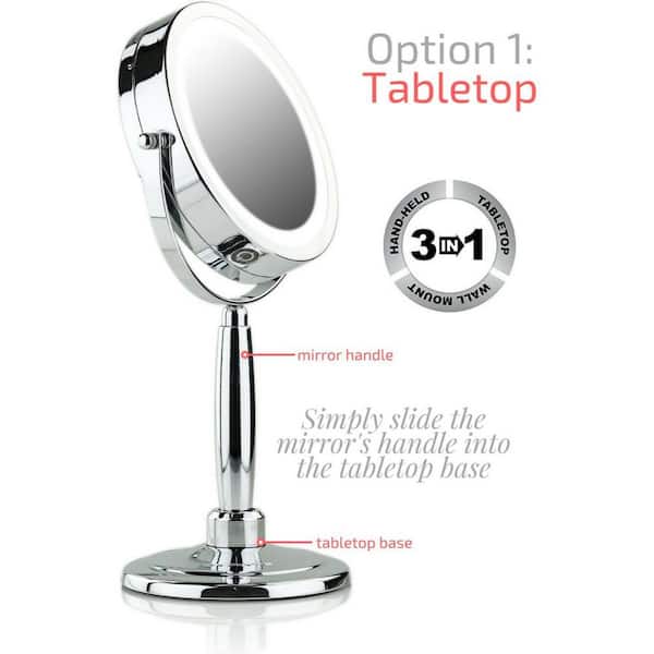Ovente 3 In 1 Handheld Tabletop Or Wall Mount Polished Chrome Vanity Mirror W X 14 H 1x 8x Magnification Mfm70ch The Home Depot Ovente 3 In 1 Handheld Tabletop Or, Handheld Light Up Magnifying Mirror