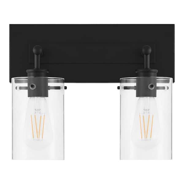 Regan 12.75 in. 2-Light Matte Black Bathroom Vanity Light with Clear Glass Shades