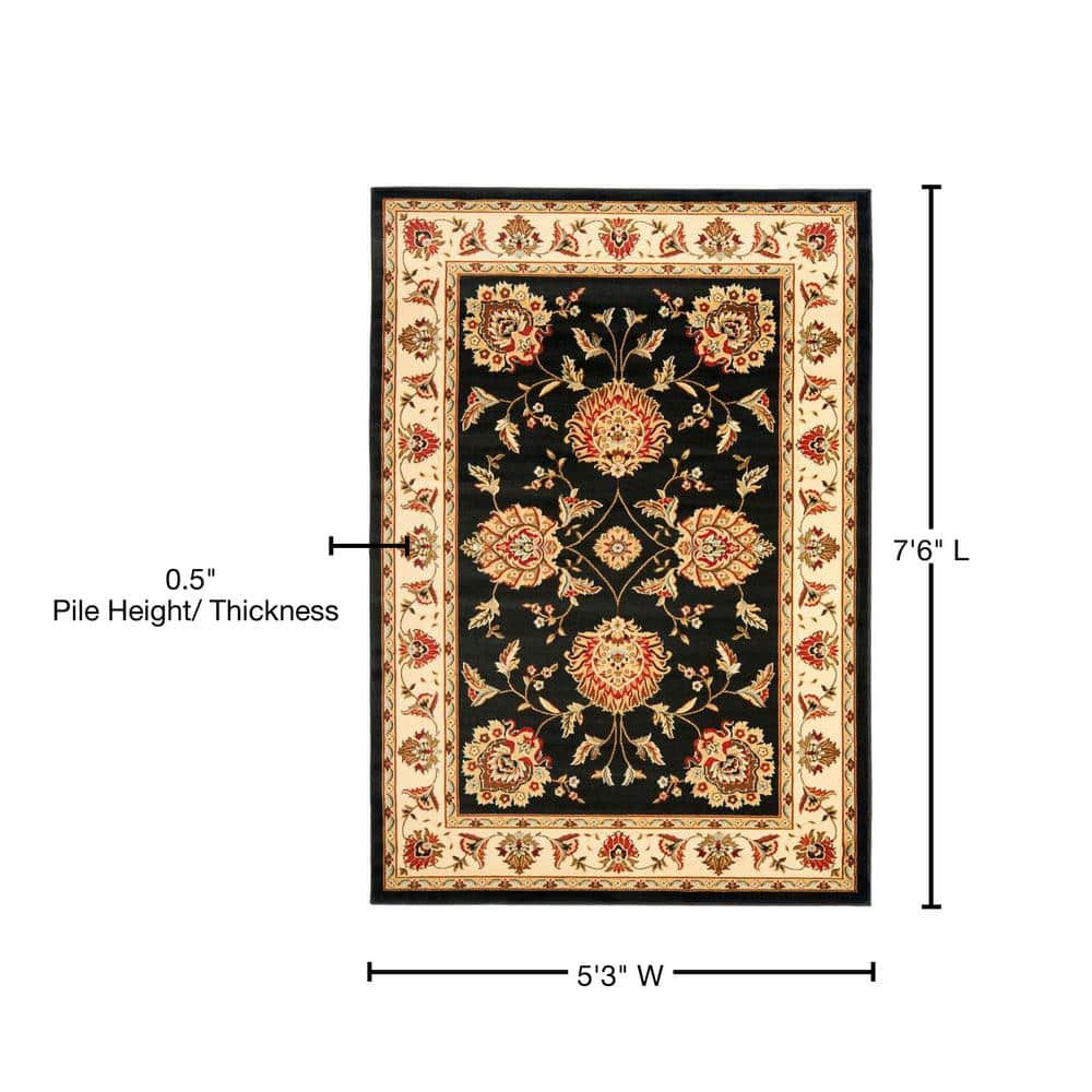 Black and Ivory Floral Synthetic 5' x 7' Area Rug