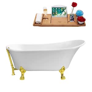 63 in. Acrylic Clawfoot Non-Whirlpool Bathtub in Glossy White With Polished Gold Clawfeet And Polished Gold Drain