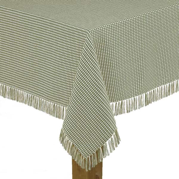 Homespun Fringed 60 in. x 120 in. Sage Checkered 100% Cotton Tablecloth