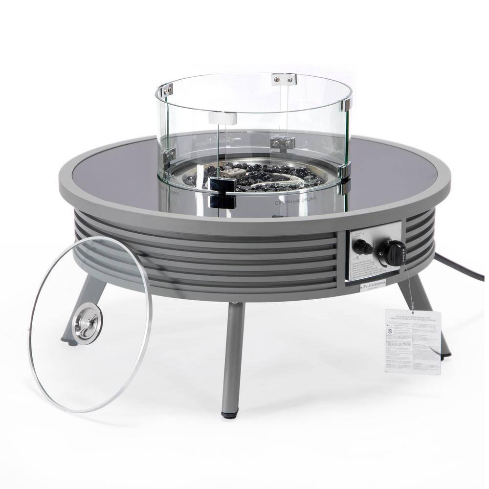 Walbrooke Modern Grey Patio Round Fire Pit Table with Aluminum Slats Frame