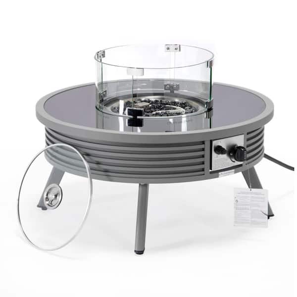 Leisuremod Walbrooke Modern Grey Patio Round Fire Pit Table with Aluminum Slats Frame