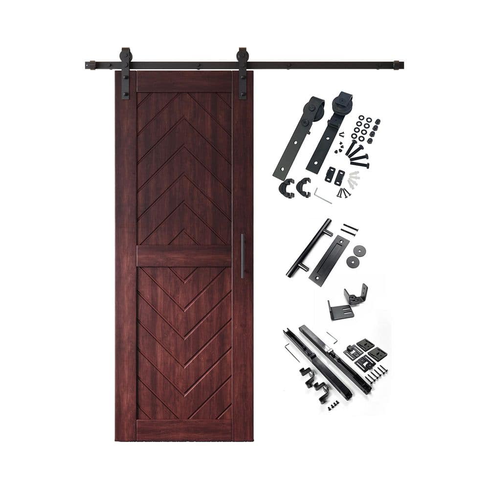 JT2 30 in. x 80 in. C-Panel Red Mahogany Fishbone Design Solid Pine Wood Sliding Barn Door with Hardware Kit price history on PriceWatchPro