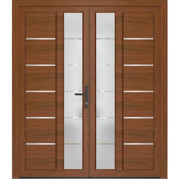 72 in. x 80 in. Left-hand/Inswing Frosted Glass Walnut Doouble Steel Prehung Front Door with Hardware