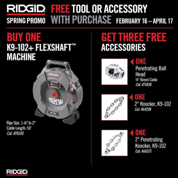 K9-102+ FlexShaft Wall-to-Wall Professional Drain Cleaning Machine 1/4 in. x 50ft. Designed for 1 1/4 in. - 2 in. Pipes