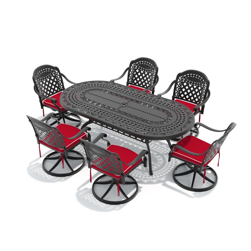 Black 7-Piece Cast Aluminum Outdoor Dining Set with 6 Swivel Rockers with Red Cushion and 81.89 x 41.34 in. Oval Table price history on PriceWatchPro