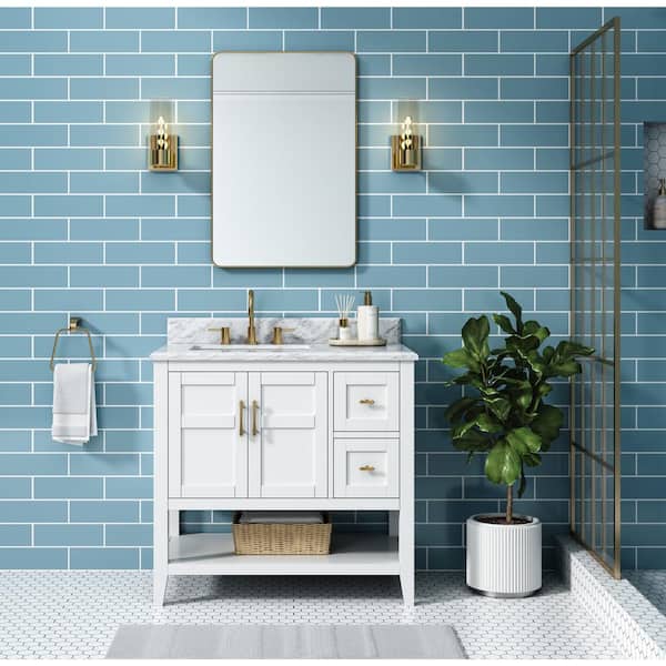 Home Decorators Collection Sturgess 37 in. W x 22 in. D x 35 in. H Single Sink Freestanding Bath Vanity in White with Carrara Marble Top