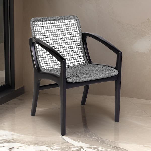 Benjara Gray and Brown Dark Eucalyptus Wood Patio Dining Chair with Rope Seating