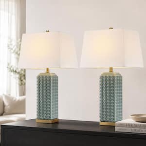 26 in. 3-Way Green Embossed Ceramic Table Lamps with White Shade(Set of 2)