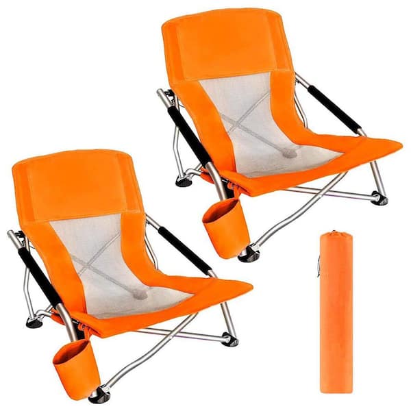 Beach Chair for Adults, Low Beach Camping, Folding Chair, Shoulder Strap, Cup Holder, Steel Frame 300 lbs. (Orange 2-Pk)