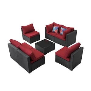 7-Piece Outdoor Black PE Rattan Wicker Sofa Set Patio Conversation Set with Removable Red Cushions and Coffee Table