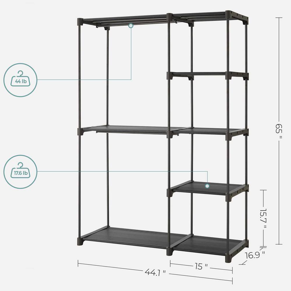 Black Freestanding Closet Organizer with Hanging Rods and Shelves