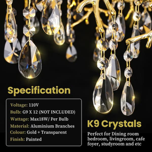 ARISKEEN 47 in. 12-Lights Gold Luxury Crystal Linear Chandelier