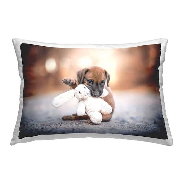 Stupell Industries Puppy with Stuffed Bunny Brown Print Polyester 14 in. x 20 in. Throw Pillow