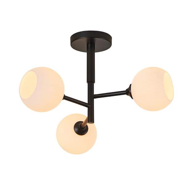KAWOTI 19 in. 3-Light Black Semi-Flush Mount with Frosted Opal White Ribbed Glass Shade