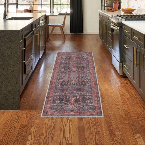 Machine Washable Brilliance Navy/Brick 2 ft. x 6 ft. Floral Traditional Kitchen Runner Area Rug