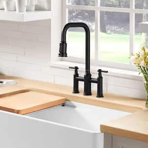 3 Patterns Double Handle Pull Down Bridge Kitchen Faucet with 360° Swivel Spout for 3 Holes in Matte Black