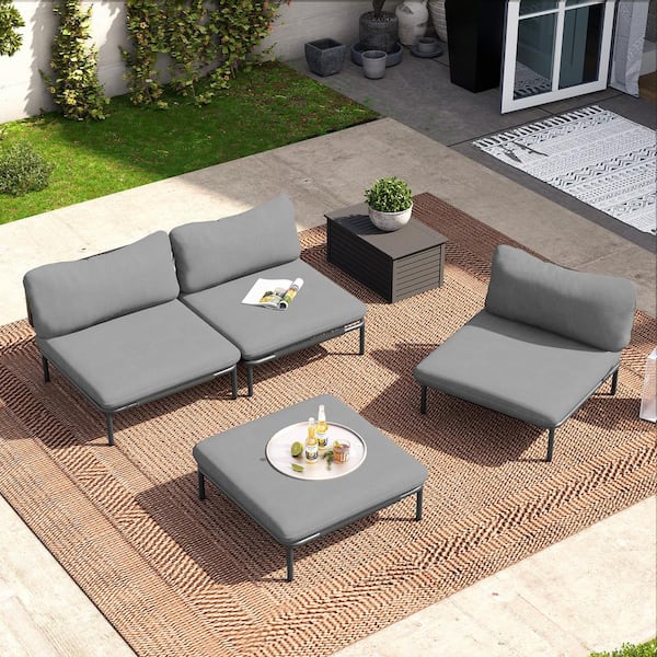 Patio Furniture Set 4 Piece Metal Outdoor Sectional Set with 8 Dark Gray Cushions and 4 Removable Armrests for Garden