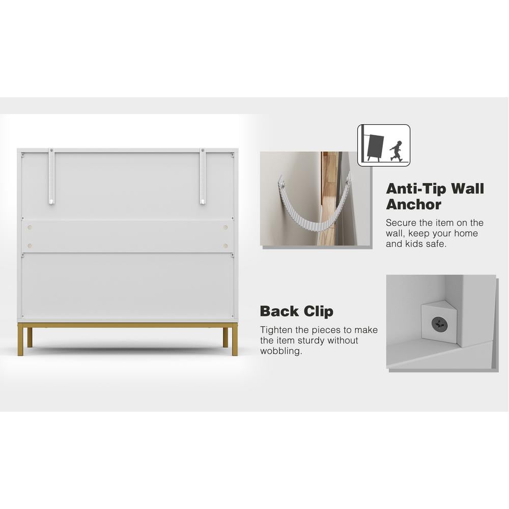 White MDF 3-Drawer Chest with Gold Accents