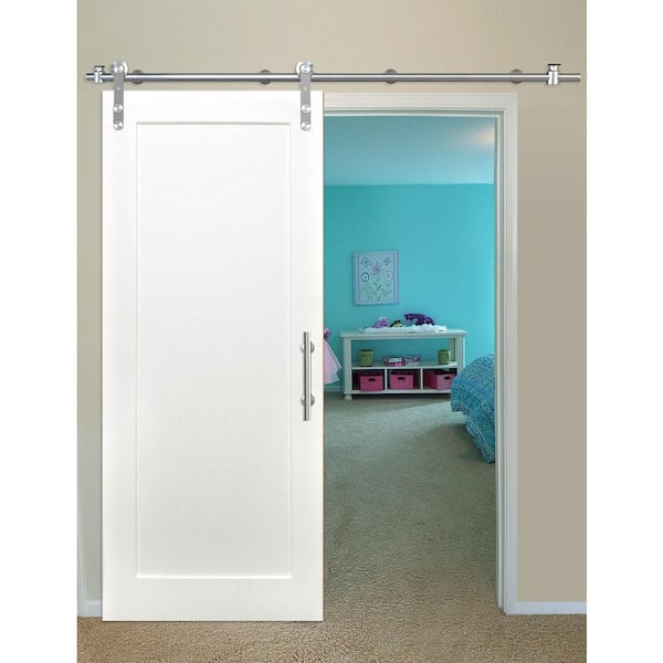 36 in. x 80 in. Shaker 5-Panel Primed Pine Interior Sliding Barn Door with Round Stainless Steel Hardware Kit 36 in. x 80 in. Shaker 5-Panel Primed Pine Interior Sliding Barn Door with Round Stainless Steel Hardware Kit