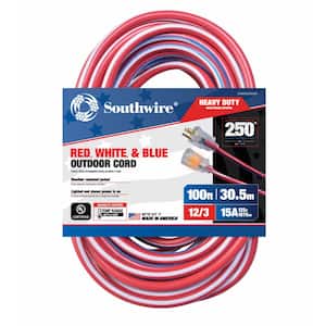 100 ft. 12/3 SJTW Indoor/Outdoor Extension Cord with Lighted End Red / White/Blue