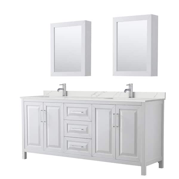 Wyndham Collection Daria 80 in. W x 22 in. D x 35.75 in. H Double Bath Vanity in White with Giotto Quartz Top and Mirrors