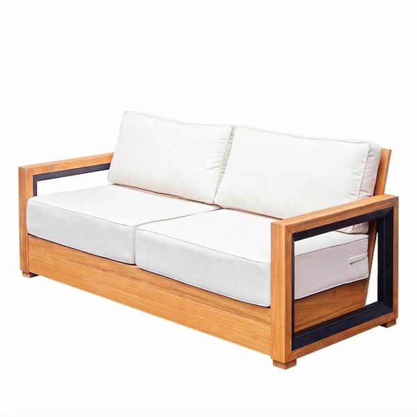 Brentwood Teak Wood Outdoor Loveseat with Ivory Cushions