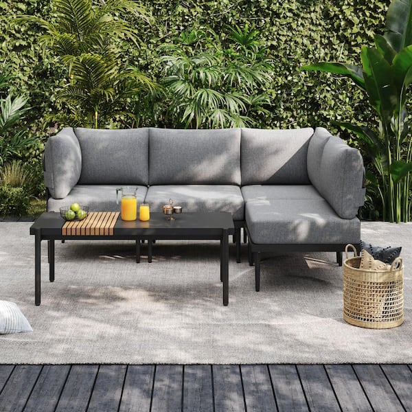 5-Piece Outdoor Conversation Furniture Set with Coffee Table, Gray Frame and Grey Cushions