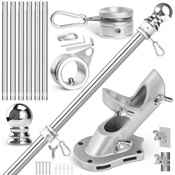 7 ft. Stainless Steel Flag Pole Kit, 1 in. Metal Flag Rings, 360° Rotating Clips, Two-Position Flag Brackets, Sliver
