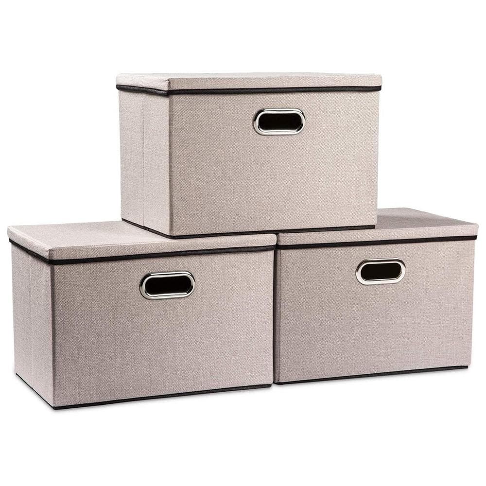 35 qt. Fabric Collapsible Storage Bin with Lid in Light Gray (3-Pack)