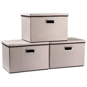 35 qt. Fabric Collapsible Storage Bin with Lid in Light Gray (3-Pack)