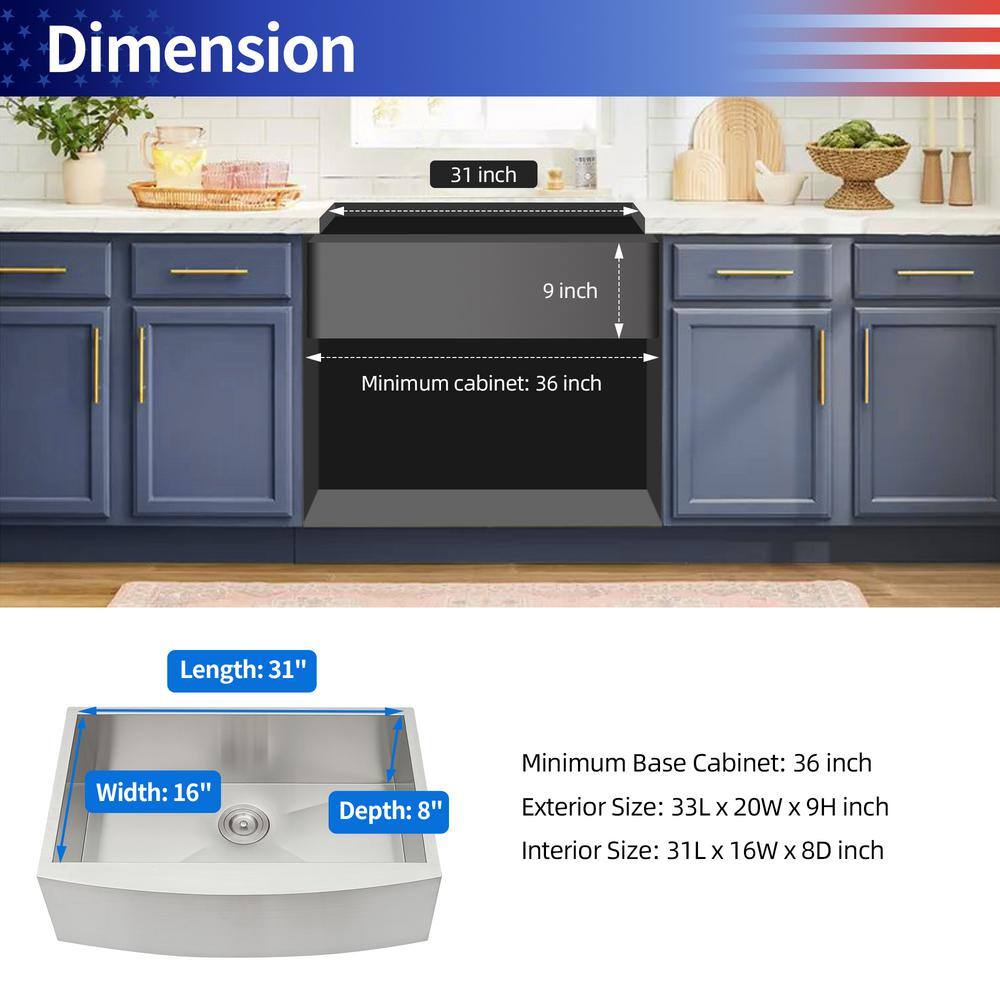33" Stainless Steel Farmhouse Apron Single Bowl Kitchen Sink
