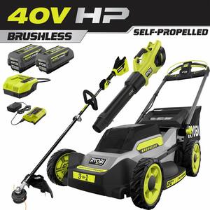 40V HP Brushless 20 in. Cordless Battery Walk Behind Push Mower, String Trimmer, Blower with Batteries and Chargers